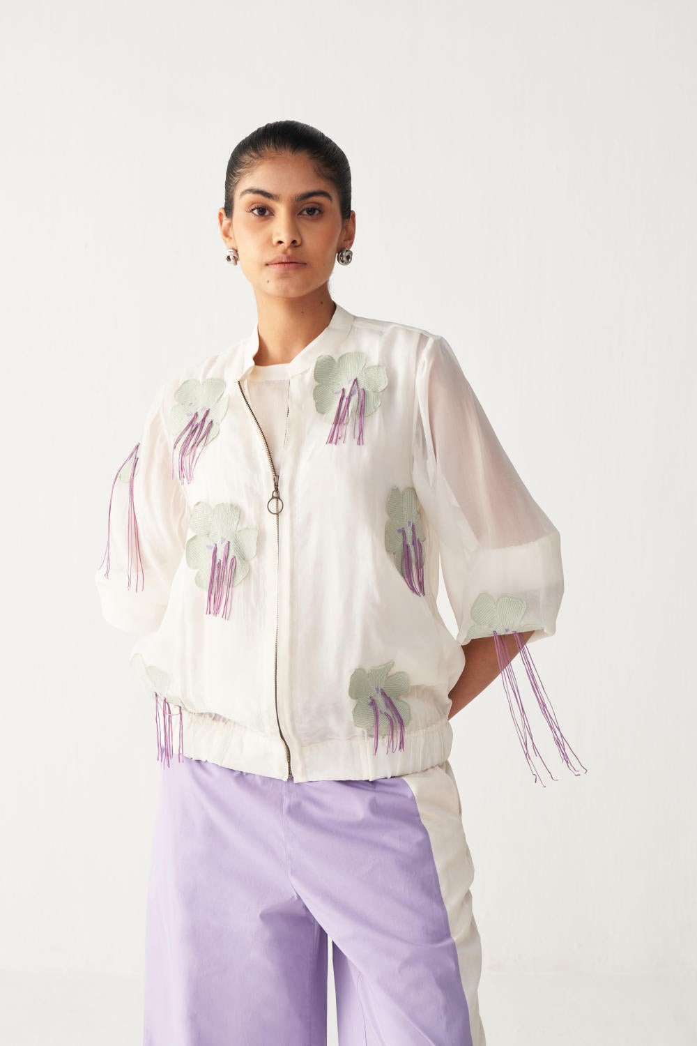FLORAL FRINGE BOMBER-IVORY