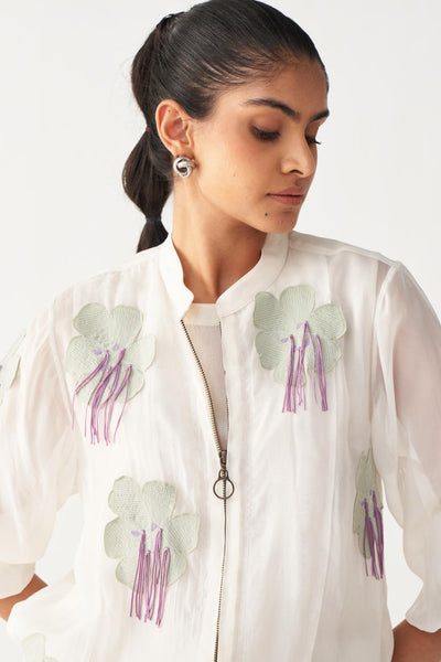 FLORAL FRINGE BOMBER-IVORY