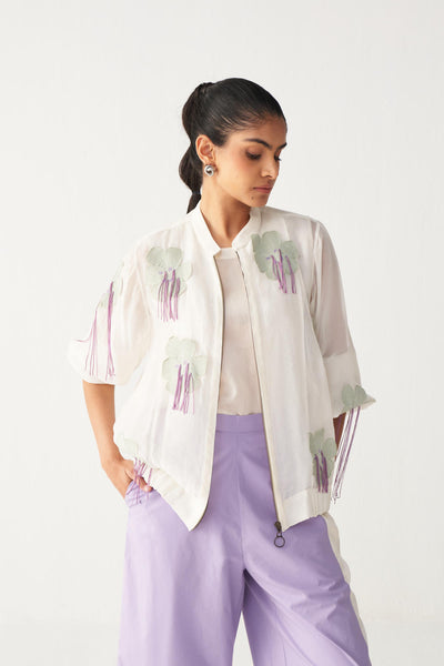 FLORAL FRINGE BOMBER-IVORY