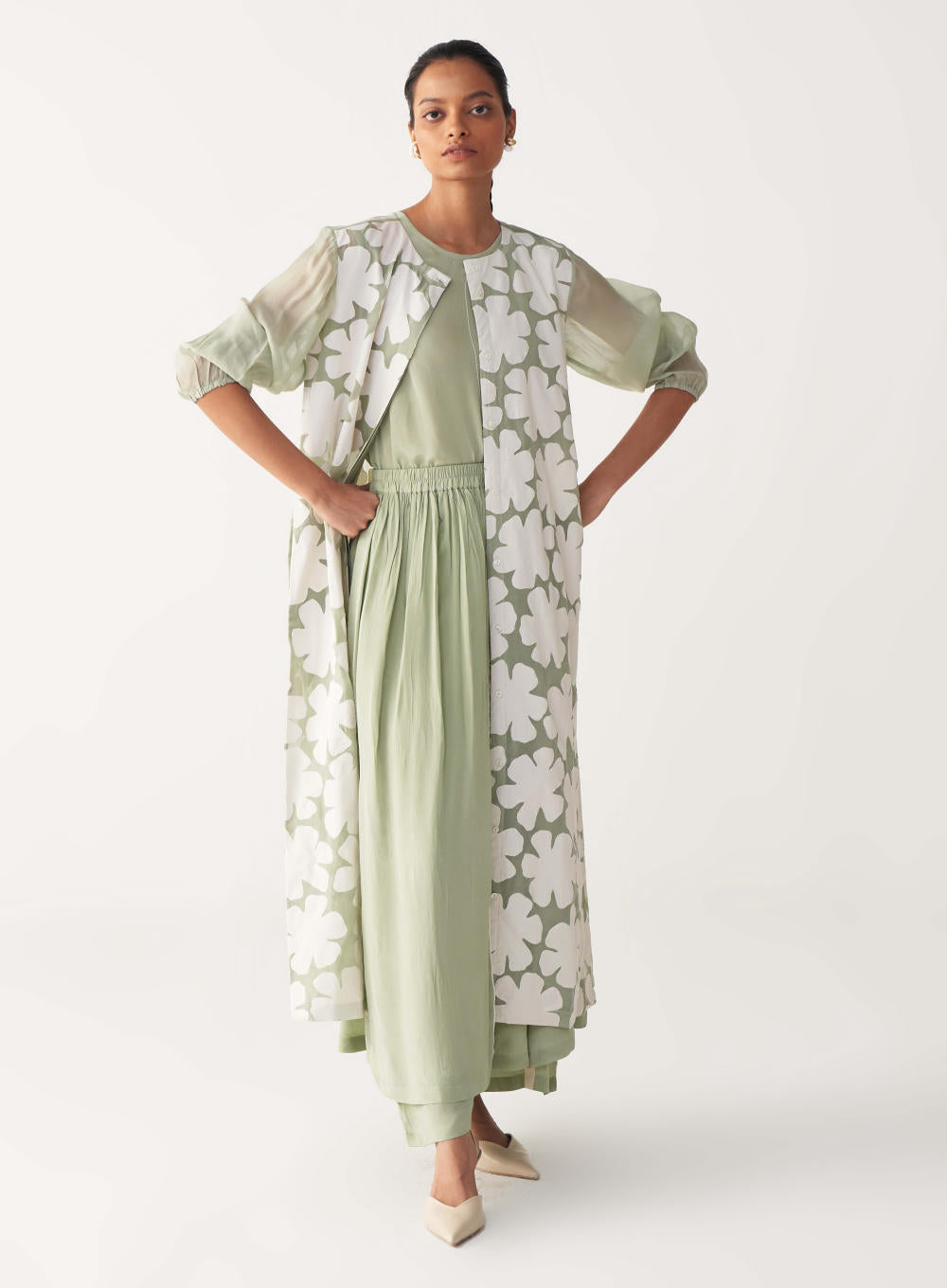 FLORAL BACK YOKE JACKET CO-ORD (SET OF 3)-MINT