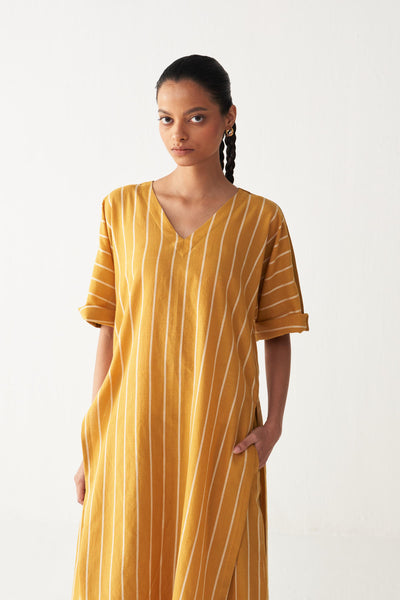 V-NECK KAFTAN CO-ORD-MUSTARD STRIPES