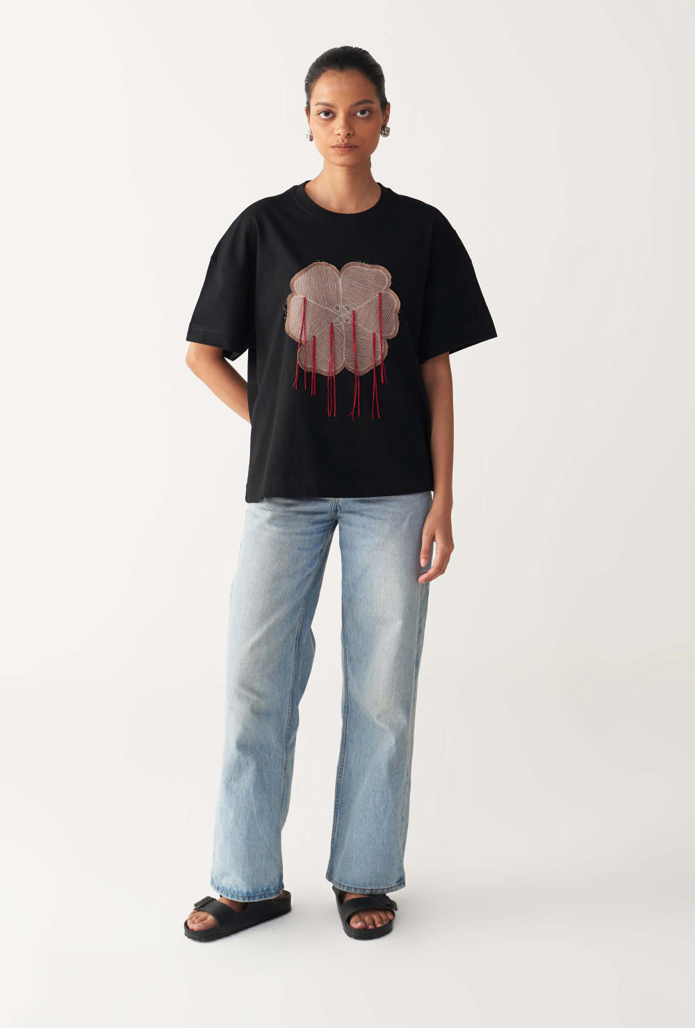 FLORAL FRINGE T-SHIRT+DENIM-BLACK