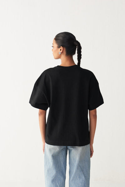 FLORAL FRINGE T-SHIRT+DENIM-BLACK