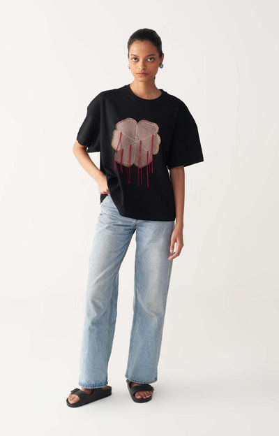 FLORAL FRINGE T-SHIRT+DENIM-BLACK