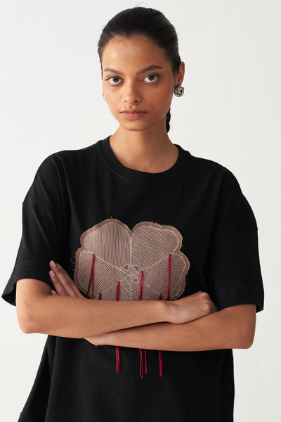 FLORAL FRINGE T-SHIRT+DENIM-BLACK
