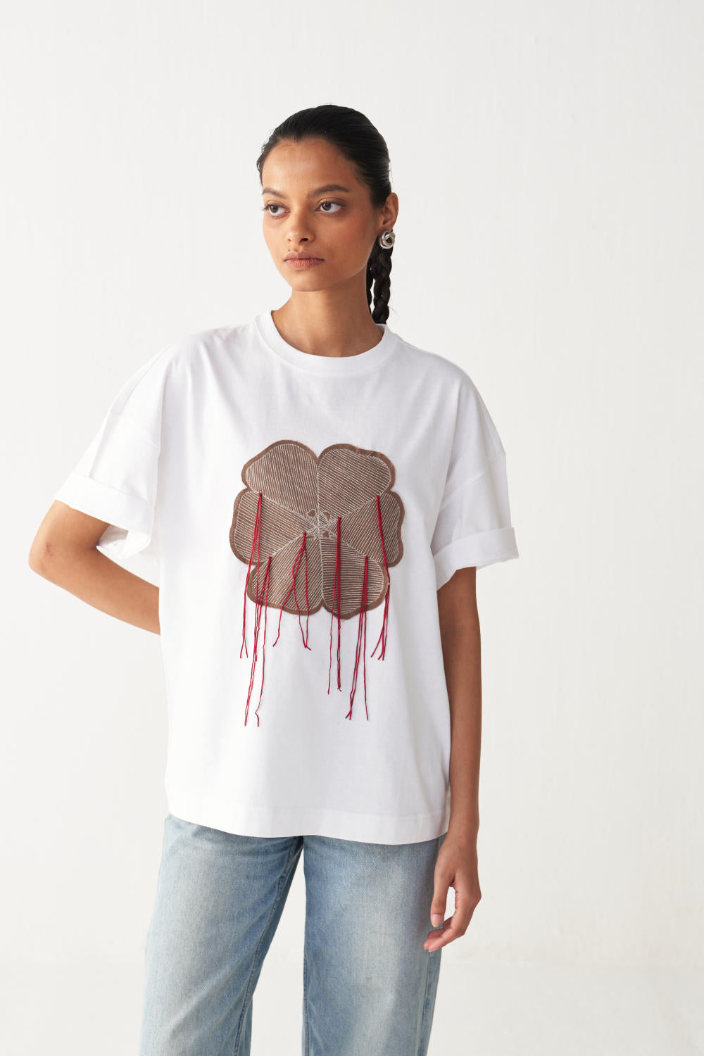 FLORAL FRINGE T-SHIRT + DENIM-WHITE