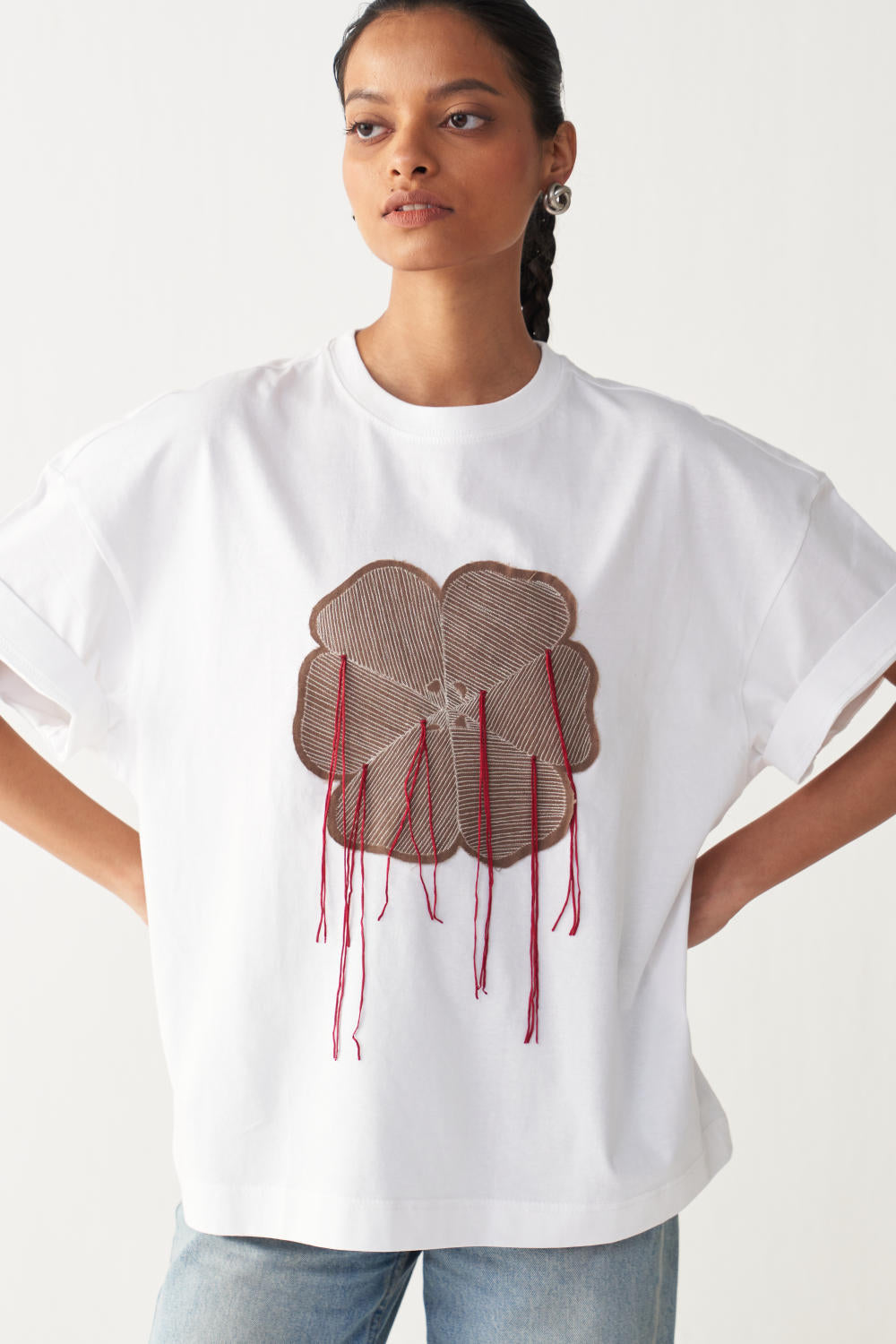 FLORAL FRINGE T-SHIRT + DENIM-WHITE