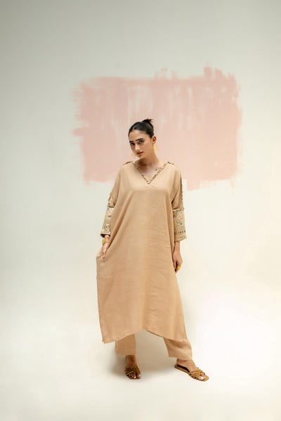 Chamakeen Antifit Linen Kurta with Pants-Camel