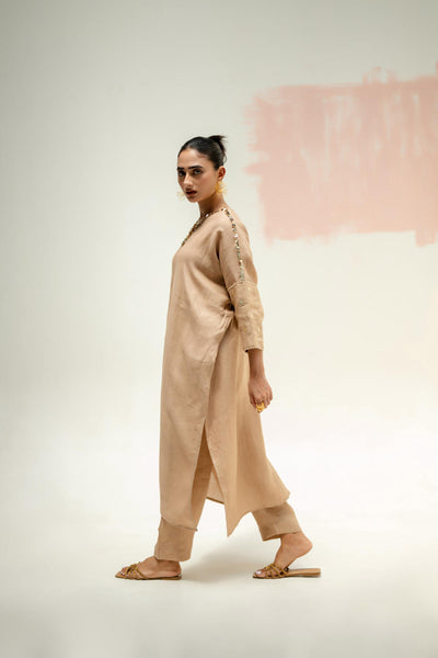 Star Antifit Linen Kurta with Pants-Camel