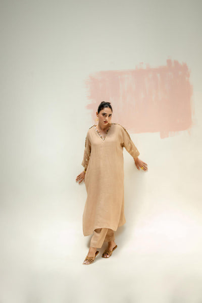 Star Antifit Linen Kurta with Pants-Camel