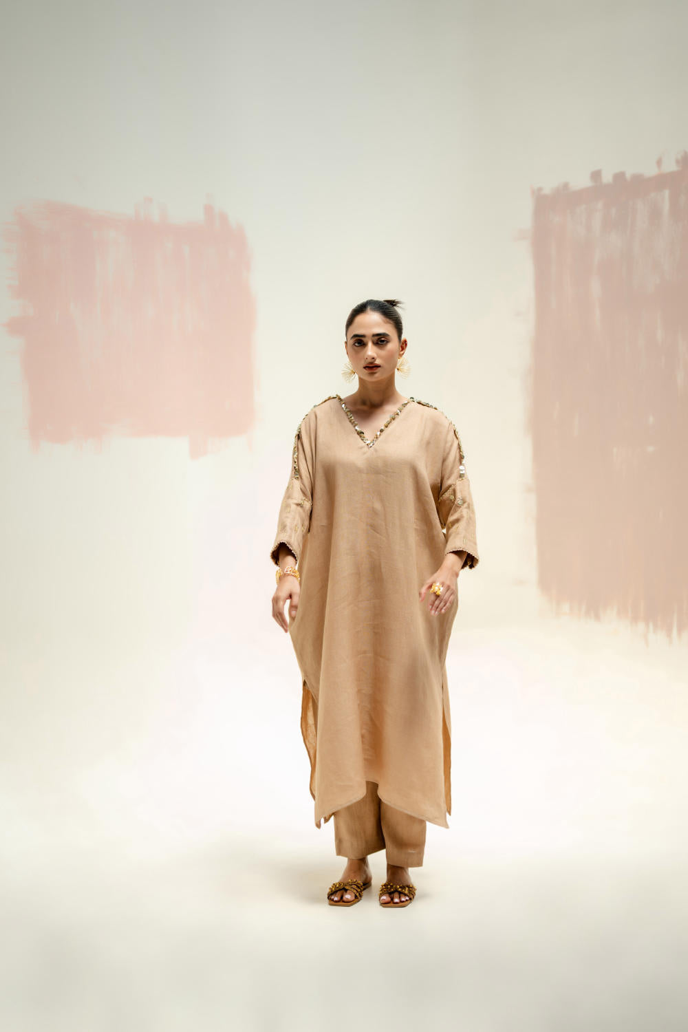 Star Antifit Linen Kurta with Pants-Camel