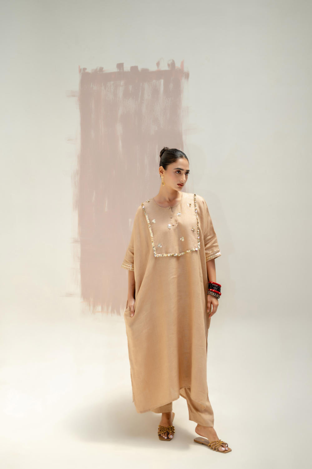 Longline Kaftan Kurta with Pants-Camel