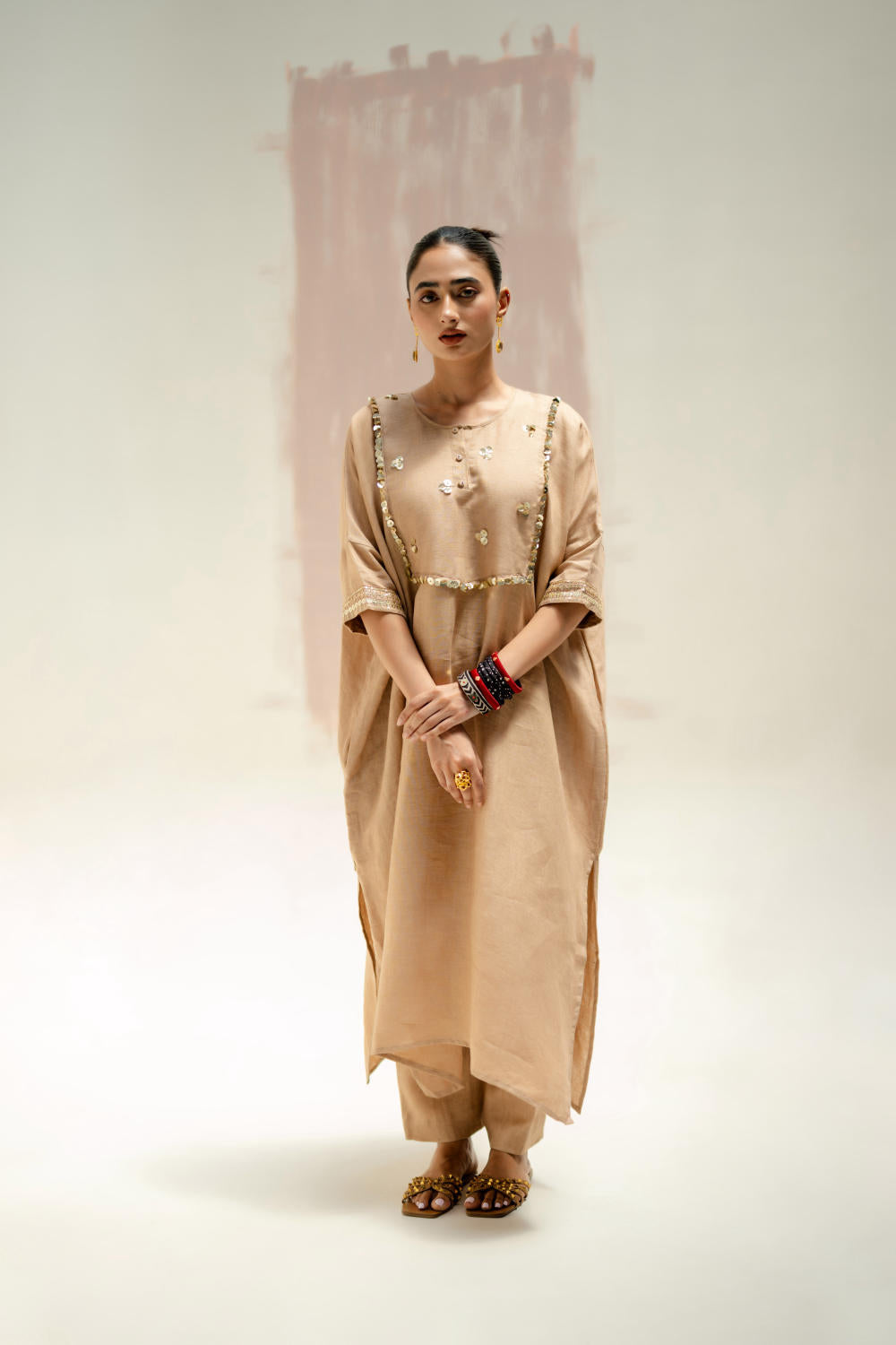 Longline Kaftan Kurta with Pants-Camel