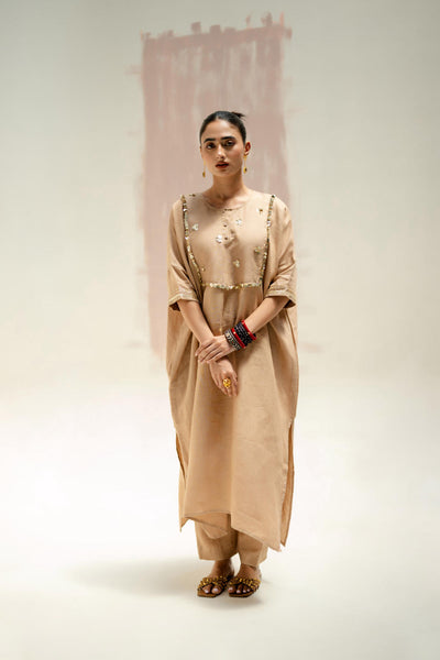 Longline Kaftan Kurta with Pants-Camel