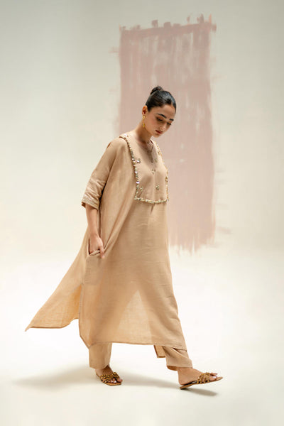 Longline Kaftan Kurta with Pants-Camel