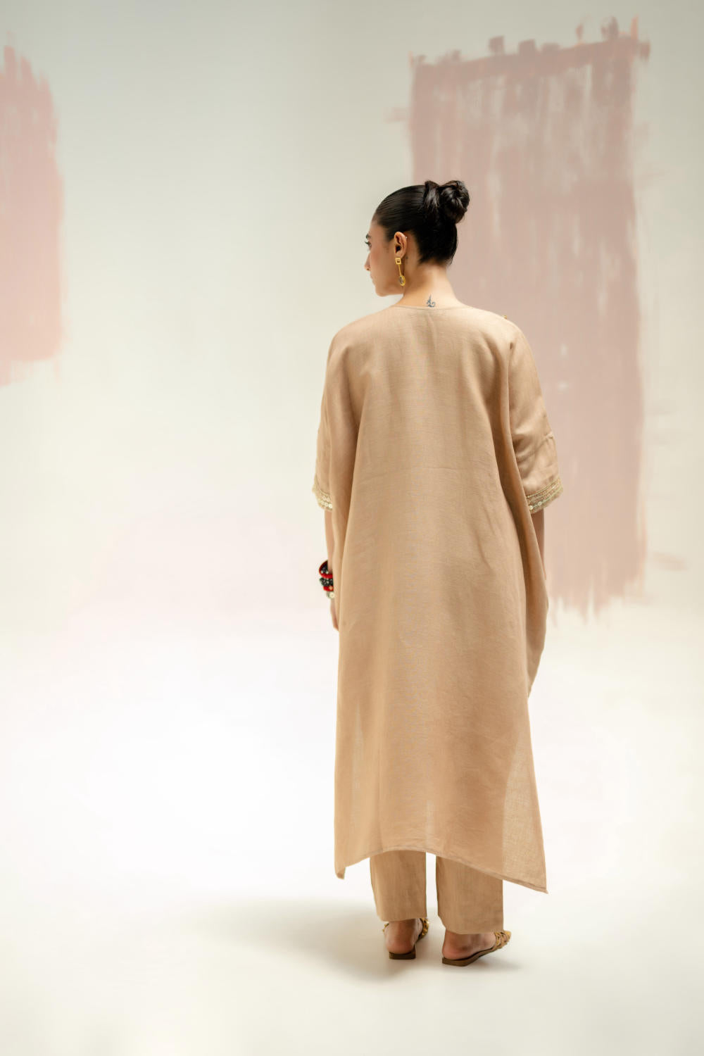 Longline Kaftan Kurta with Pants-Camel