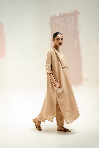 Longline Kaftan Kurta with Pants-Camel