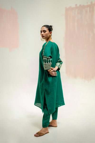Chamakeen Antifit Linen Kurta with Pants-Green