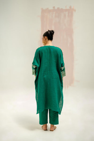 Chamakeen Antifit Linen Kurta with Pants-Green