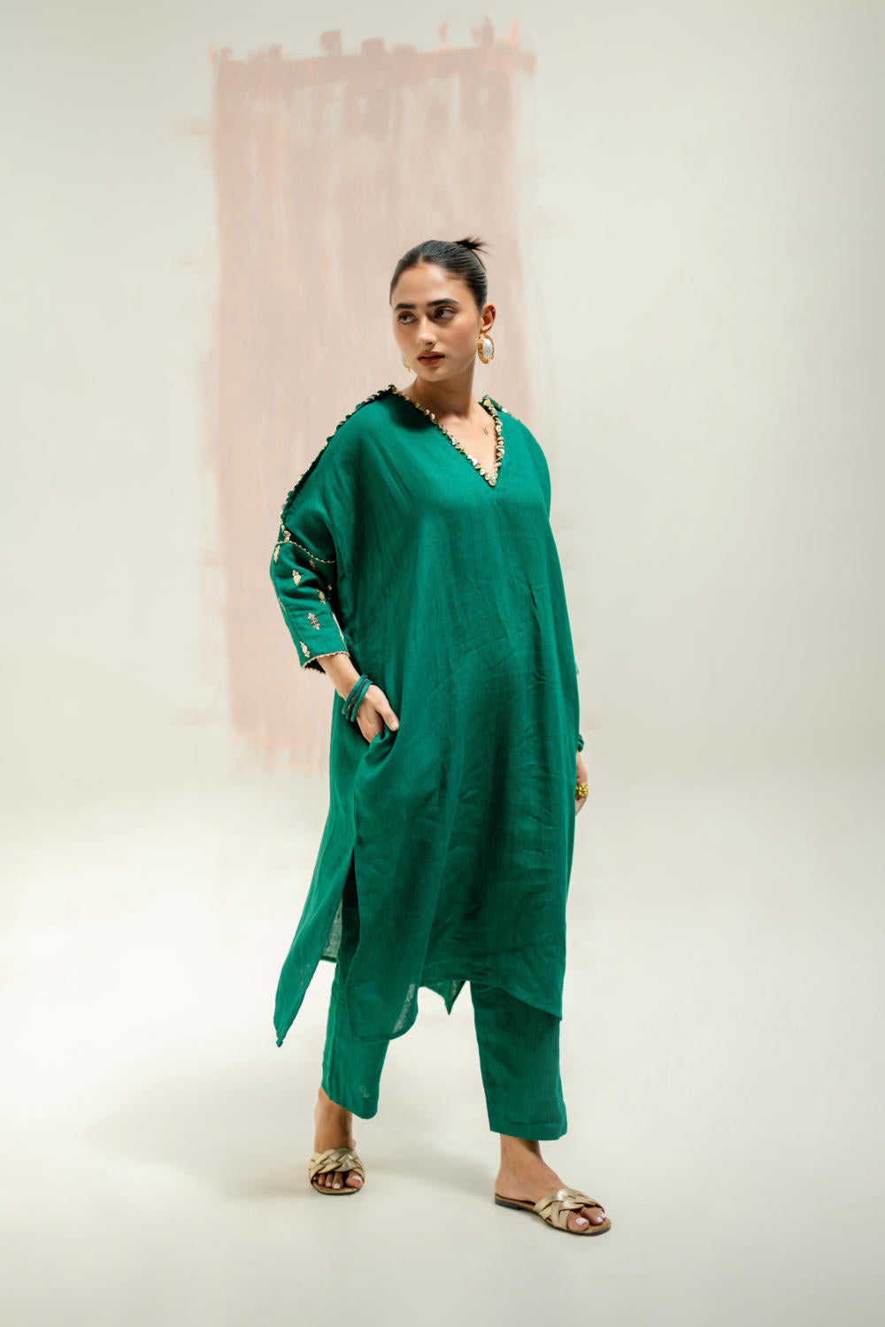Star Antifit Linen Kurta with Pants-Green