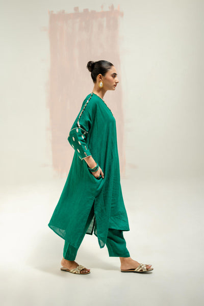 Star Antifit Linen Kurta with Pants-Green