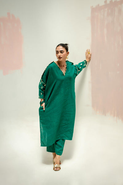 Star Antifit Linen Kurta with Pants-Green