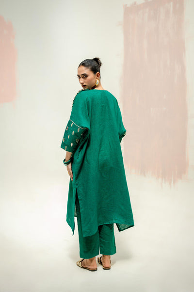 Star Antifit Linen Kurta with Pants-Green