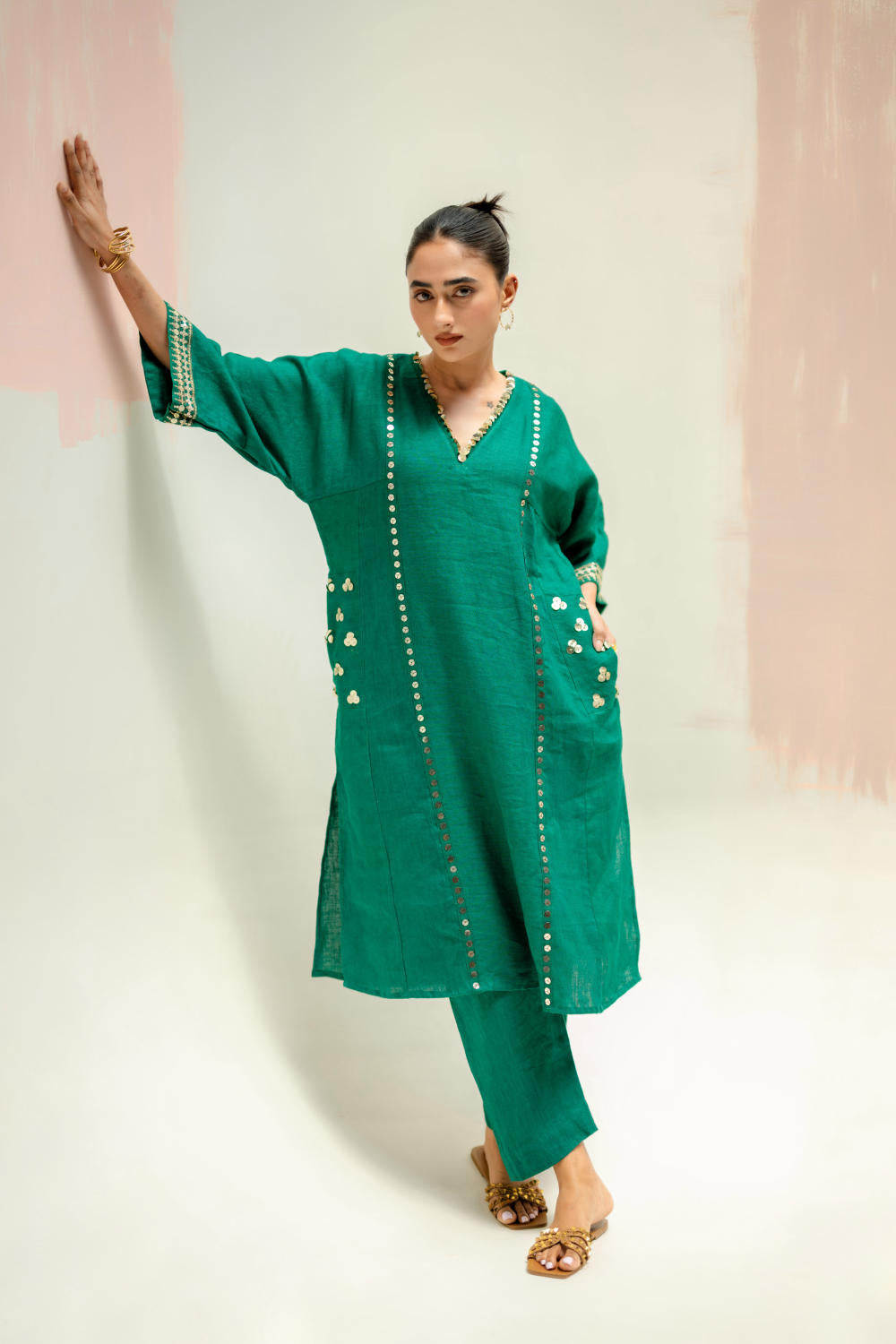 Aaram Choga Kurta with Pants-Green