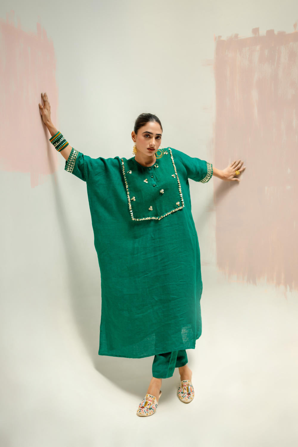 Longline Kaftan Kurta with Pants-Green