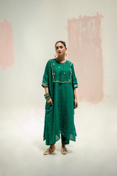 Longline Kaftan Kurta with Pants-Green