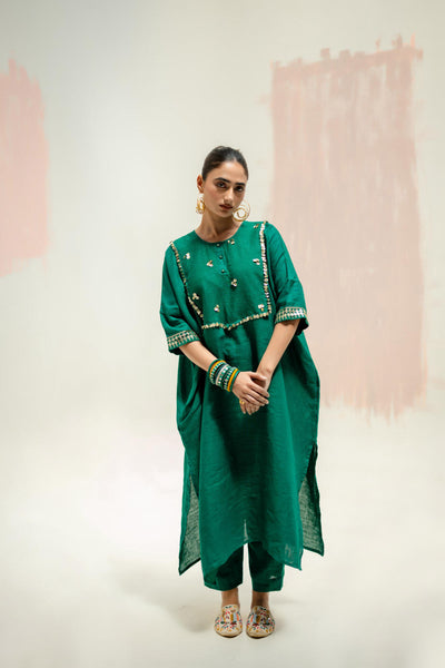 Longline Kaftan Kurta with Pants-Green