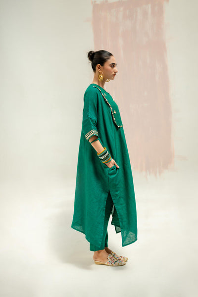 Longline Kaftan Kurta with Pants-Green