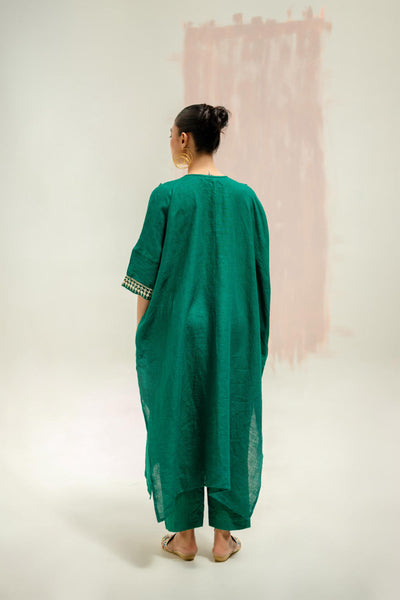 Longline Kaftan Kurta with Pants-Green
