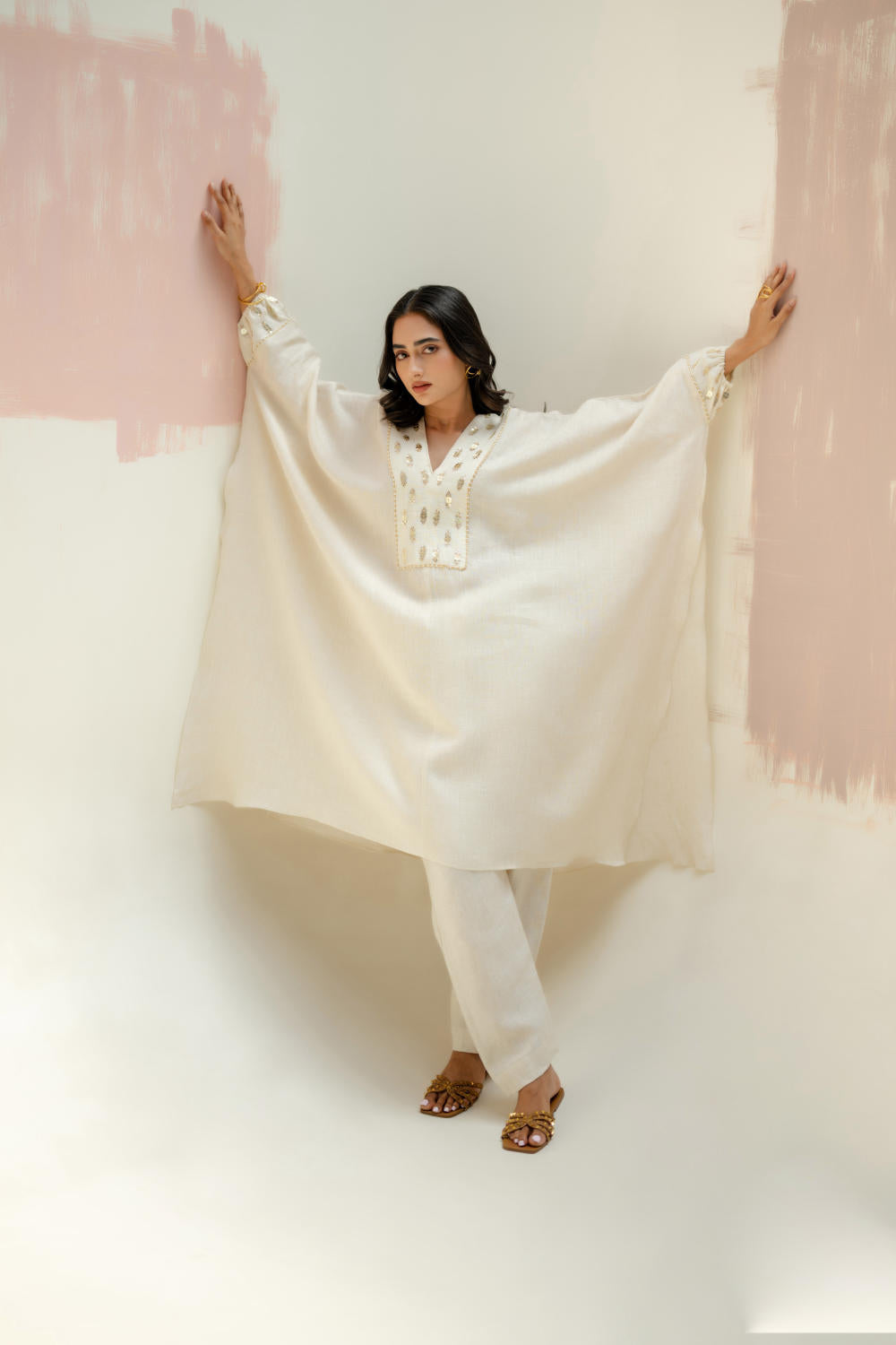 Preetie in Moroccan Kaftan with Pants-White