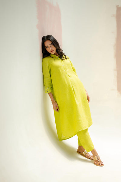 Mandarin Collar Kurta and Pants-SUBLIME NEON