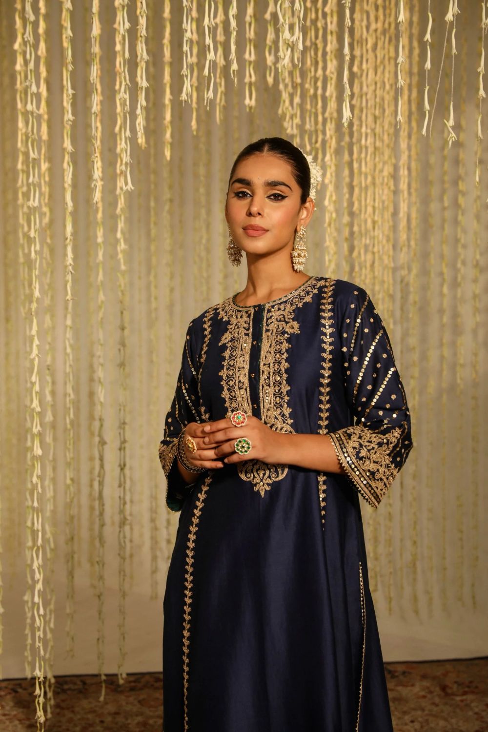 Sabirah A-line long kurta with palazzo and dupatta-Deep Blue