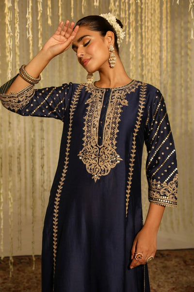 Sabirah A-line long kurta with palazzo and dupatta-Deep Blue