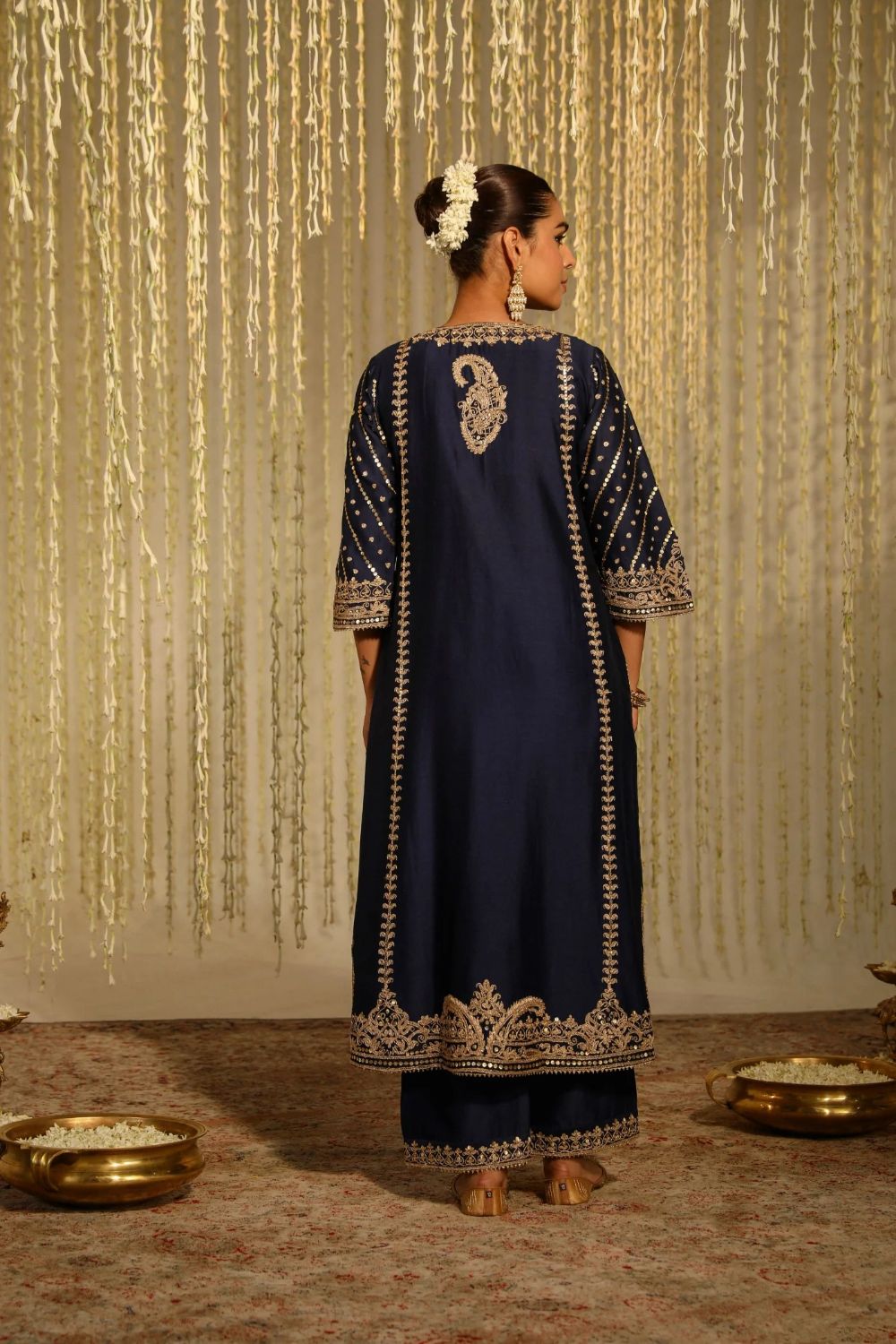 Sabirah A-line long kurta with palazzo and dupatta-Deep Blue