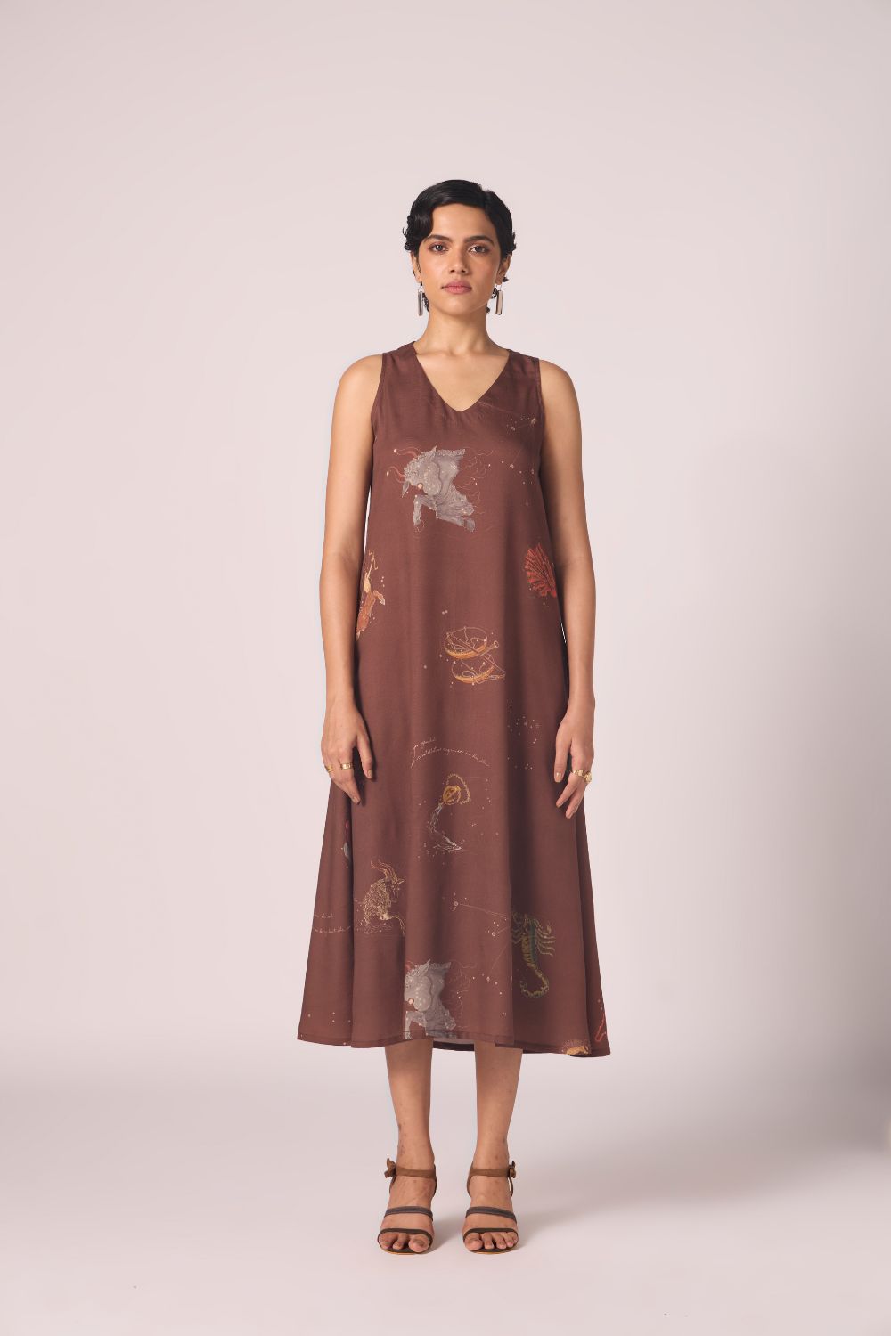 Saira Brown Zodiac Print Maxi Dress