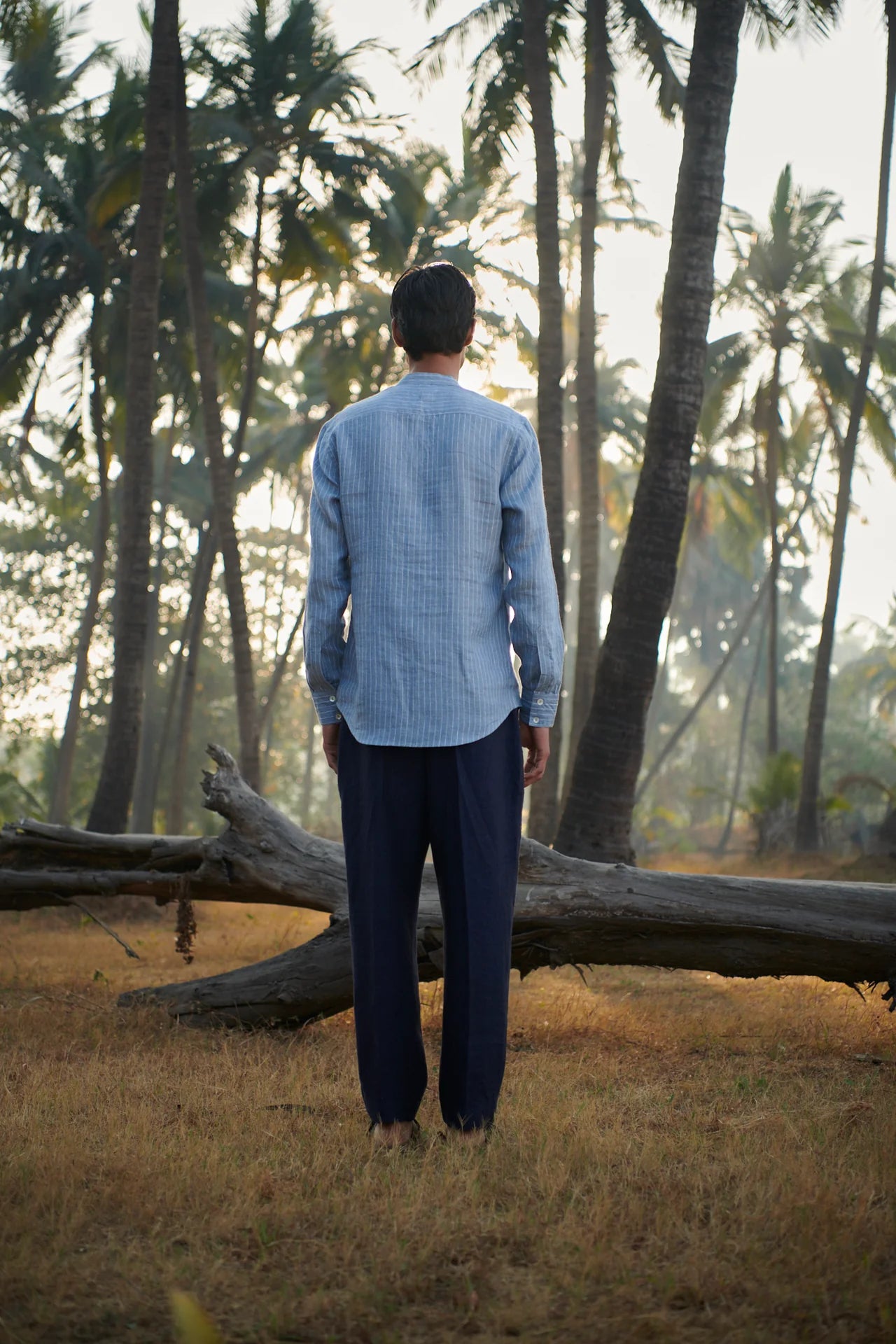 Sky Pinstripe Linen Men's Band Collar Shirt - Slim Fit
