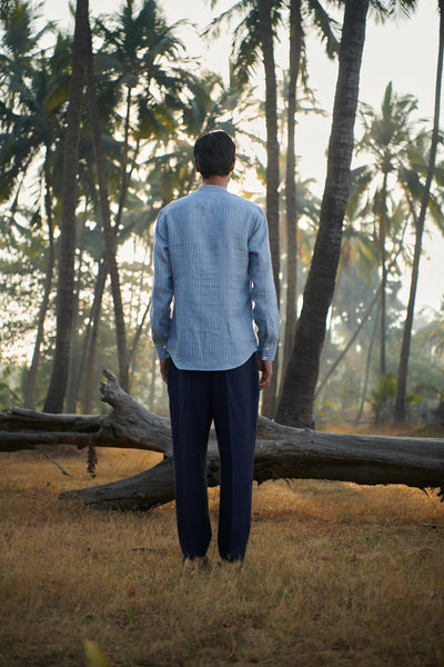 Sky Pinstripe Linen Men's Band Collar Shirt - Slim Fit
