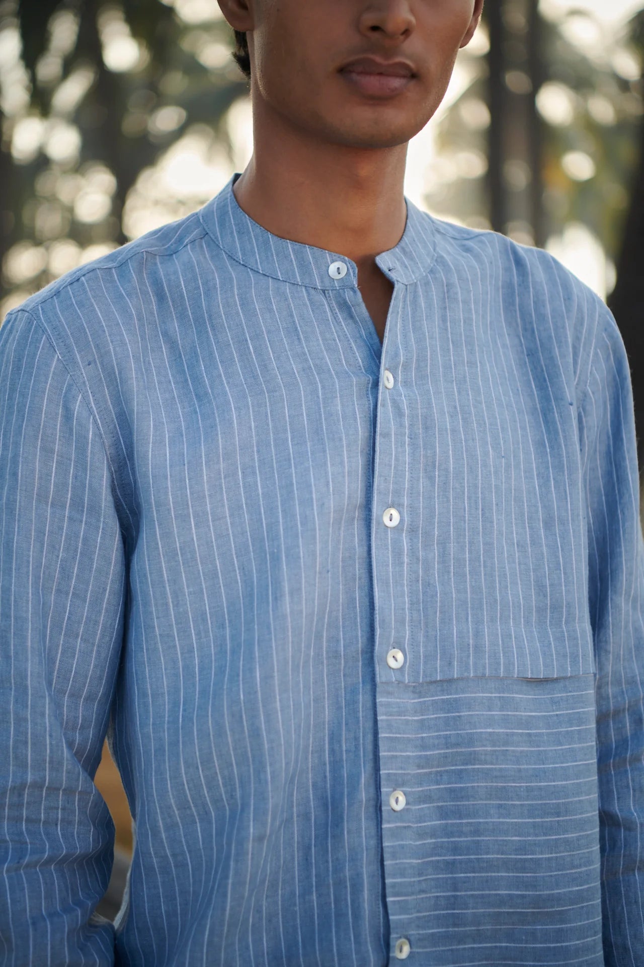 Sky Pinstripe Linen Men's Band Collar Shirt - Slim Fit