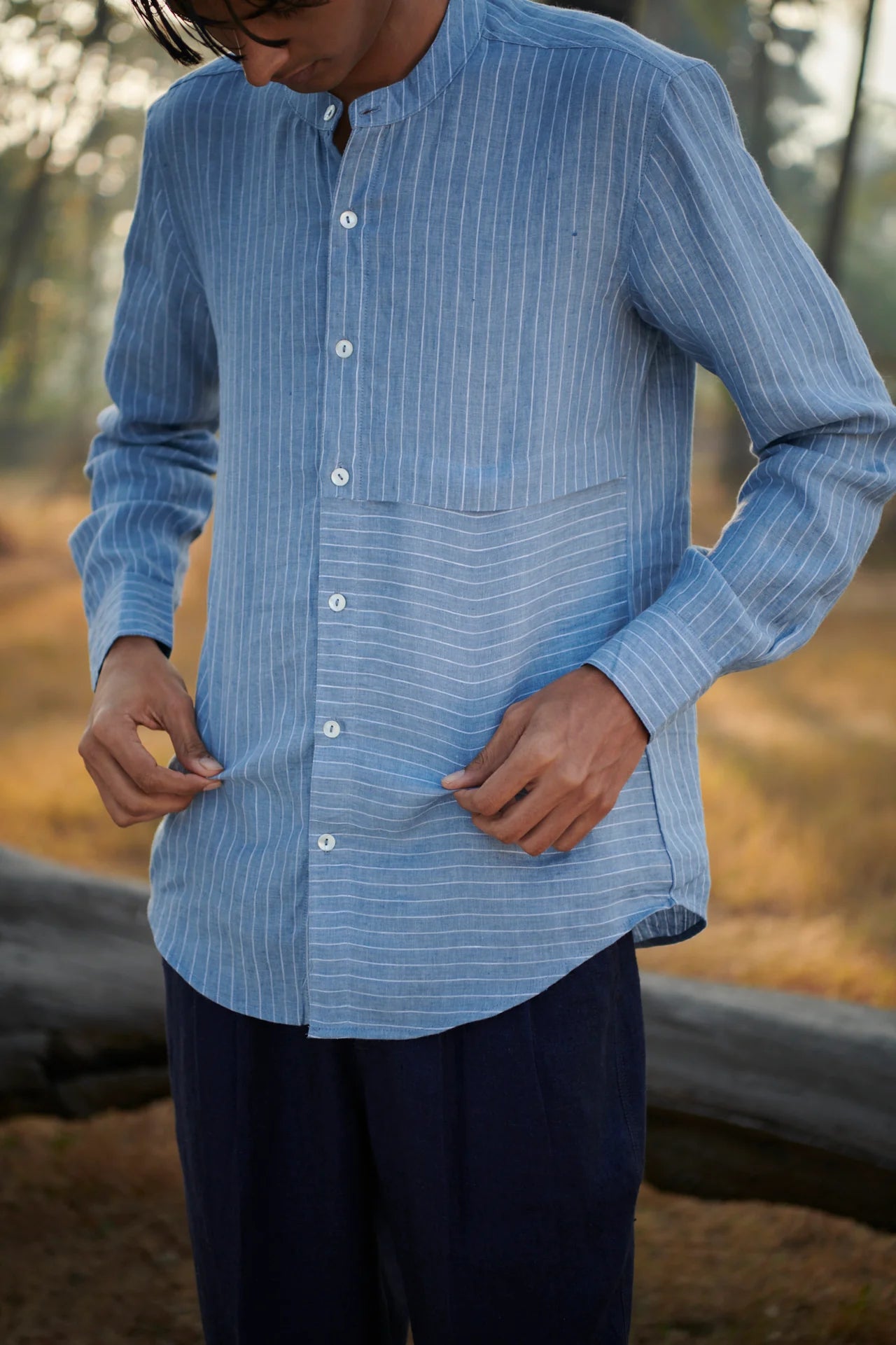 Sky Pinstripe Linen Men's Band Collar Shirt - Slim Fit