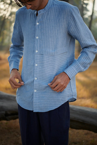 Sky Pinstripe Linen Men's Band Collar Shirt - Slim Fit