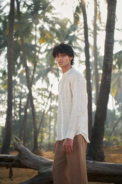 Undyed Pinstripe Linen Men's Shirt Kurta
