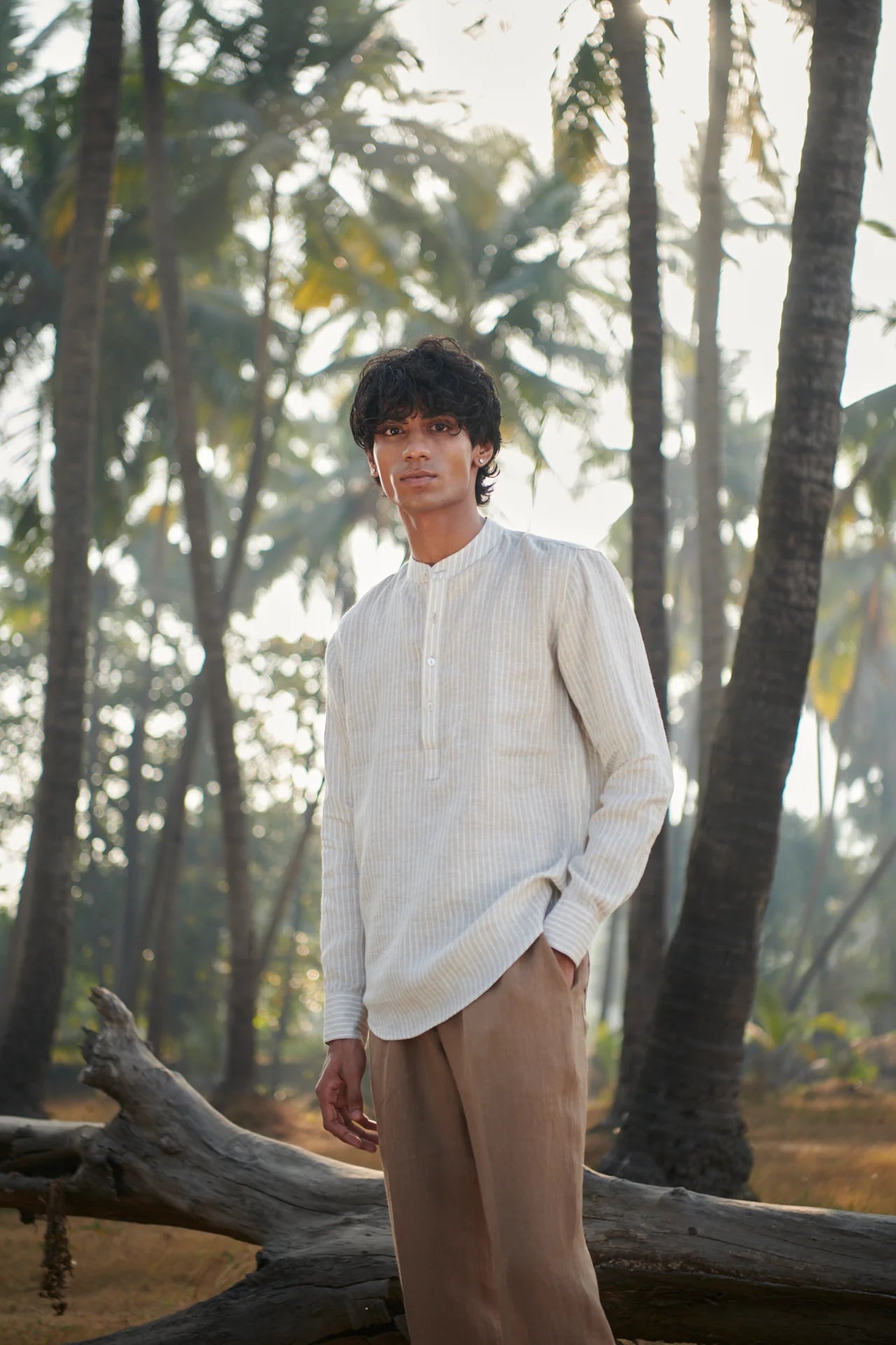 Undyed Pinstripe Linen Men's Shirt Kurta