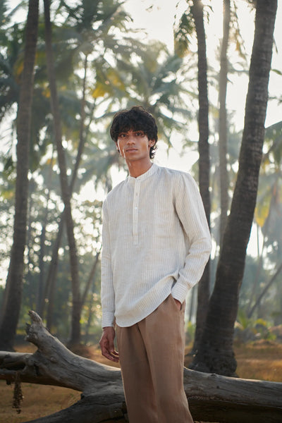 Undyed Pinstripe Linen Men's Shirt Kurta