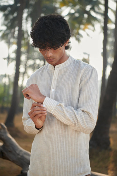 Undyed Pinstripe Linen Men's Shirt Kurta