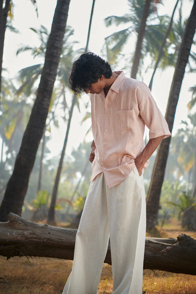 Blush Linen Men's Pleated Camp Collar Shirt