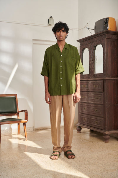 Safari Linen Men's Pleated Camp Collar Shirt